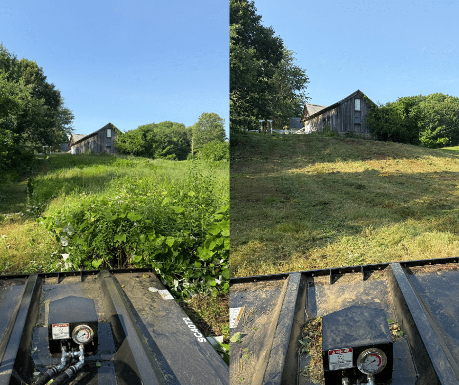 Before and after of a brush hogging/land clearing for a commercial field located in Western MA. Both pictures are a POV from mower.